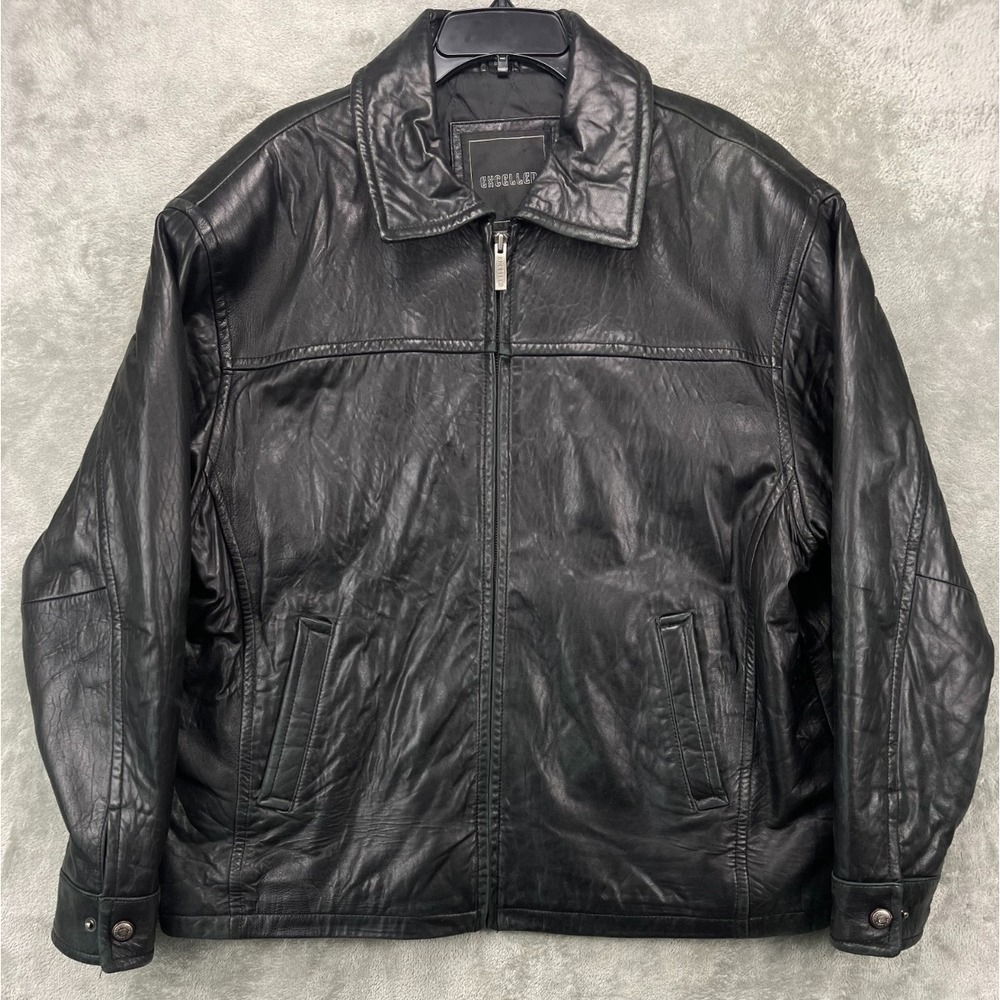 Excelled Men's Leather Biker Jacket Sz L Black Long‎ Sleeve Full Zip